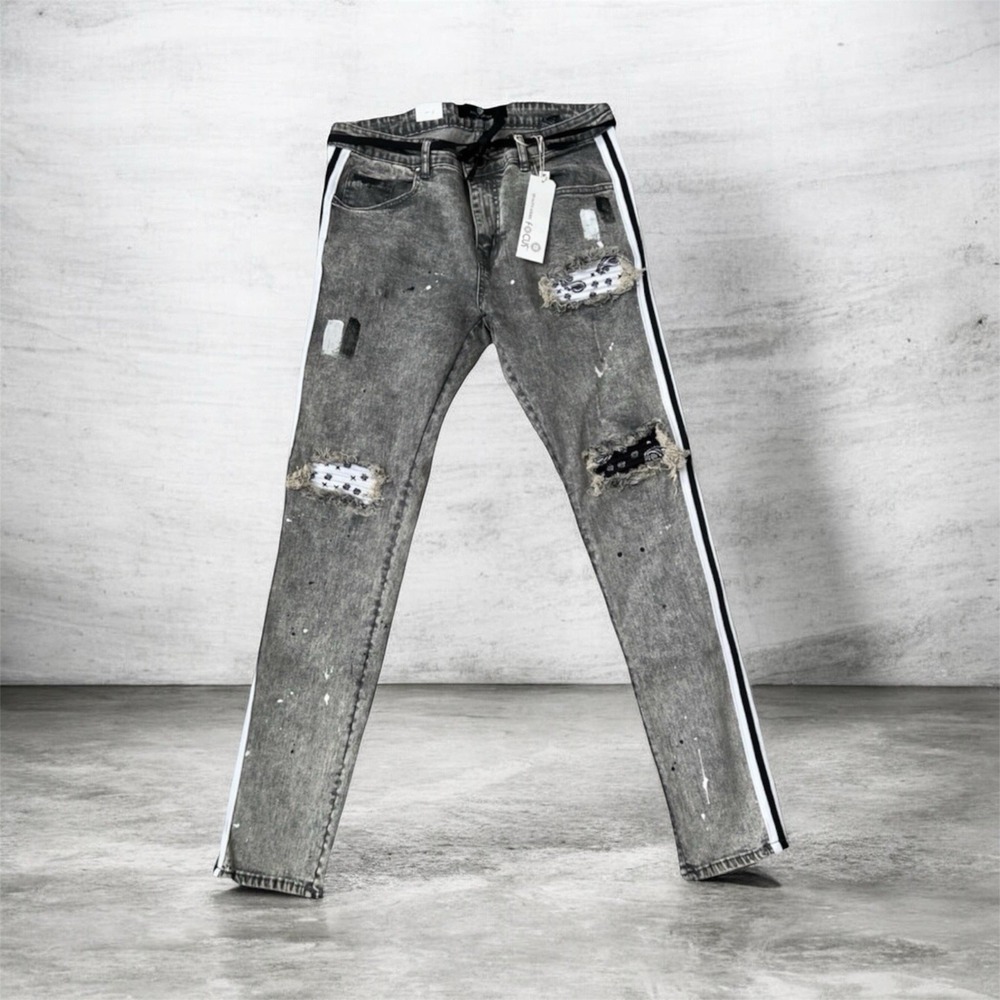 Focus Jeans Mens 34x32 Grey Acid Wash Distressed Bandana Patch GRUNGE Jeans